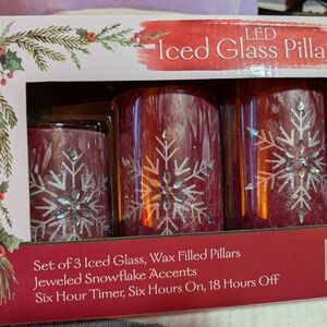 LED Iced Glass Pillar Set - Red